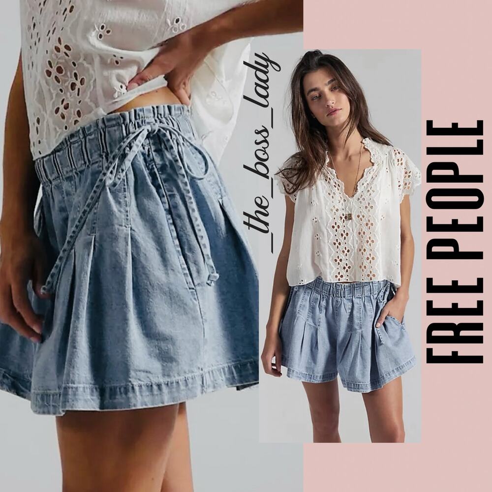 Free People Light Denim Blue Paperbag Waist Shorts